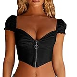 WENZHOU Sexy Tops Damen Puffärmel Einfarbig Top Corset Bustier Vest Oberteile Reißverschluss Camisole Frauen Sexy Rückenfrei Aesthetic Shirts Push Up Spaghetti Slim Fit Tanktops Bandag