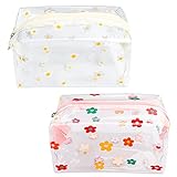 2 Stücke Kulturbeutel Organizer Pouch,Transparenten Blumen-Kulturbeutel PVC wasserdichte Kosmetiktasche Transparente Reise Aufbewahrungstasche für Frauen D