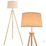 WUDSEE Stehlamp Stativ Stehleuchte Tripod aus Hoz mit Beige Stoffschirm für Das Wohnzimmer, S