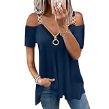 Tshirt Damen Sommer Oberteile Elegant Schulterfrei Tee Tops Kurzarm T-Shirt V-Ausschnitt Fitness Sport Bluse Mit Reißverschluss Basic Tunic Tunika Teenager Mädchen Shirt H