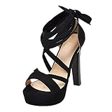 MISSUIT Damen High Heels Plateau Sandalen mit Schnürung und Blockabsatz Sommer Hohe Sandaletten 12cm Absatz Schuhe(Schwarz,41)