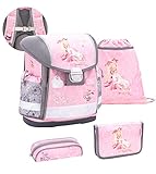 Belmil ergonomischer Schulranzen Set 4-teilig mit Brustgurt/Mädchen 1. klasse 2. klasse 3. klasse - Super Leicht 860-950 g/Ballerina, Einhorn/Rosa Grau (403-13/S/C Ballerina)