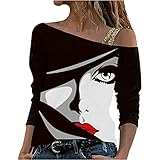 Wave166 Damen Langarm Sexy Schulterfrei Shirts Top Mit Schultergurte Fläche Graphic Gedruckt T-Shirt Lässig Lose Basic Bluse Mode Streetw