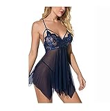 JJXZM reizwäsche Dessous sexy Schritt offen,sexy BH Damen für Sex Damen sexy nachtwäsche für Sex Damen Dessous Spitze Babydoll Strap Chemise V-Ausschnitt Nachtwäsche (Color : Blue, Size : M)