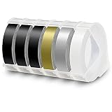 6x Labelwell 9mm Kompatibel 3D Prägeband Ersatz für Dymo Vinyl-Prägeetiketten Selbstklebend für Dymo Omega Etikettenprägegerät Junior Prägegerät Motex E-303 E-101, Schwarz/Gold/Silber/Transp