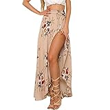 Kleid Frauen Weiß Unregelmäßiger Langer Rock Sommer Boho Floral Print Side Slit Wrap Maxi Rock Mädchen Taille Röcke Weiblich Damenkleider Hyococ (Color : Khaki, Size : Large)