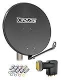 SCHWAIGER -4609- Sat Anlage, Satellitenschüssel mit Quad LNB (digital) & 8 F-Steckern 7 mm, Sat Antenne aus Aluminium, Anthrazit, 88 x 88