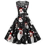 LIEIKIC Weihnachtskleid Damen Weihnachtskleider Retro Vintage Ärmellos Elegant Spitzenkleid Cocktailkleide Weihnachtsmann Elch Print Swing Kleid Abendk