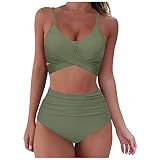 QAZX Damen Badeanzug Wickel Push Up Bademode V-Ausschnitt Einfarbig Raffung Bauchweg Cut Out Zweiteiler Strandmode Ruched Swimsuit SpaghettiträGer Bandeau Top Bikini Beachwear Strandk