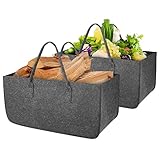 2 Stück Filztaschen für Kaminholz Einkaufstasche Holzkorb Filzkorb Einkaufskorb Kaminholztasche Zeitungskorb aus Filz faltbar groß 50x25x25cm (grau)