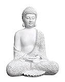 Tiefes Kunsthandwerk Steinfigur Buddha sitzend - Antik-Weiss, Garten Deko Figur Stein Statue F