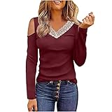 XUNN Damen V-Ausschnitt Spitze Schmetterlingsdruck Schulterfrei Sexy Top Lässiges Lockeres T-Shirt Top Damen Sexy Hals Spitzennähten T-Shirts Lang