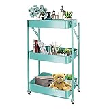 XIAOYAN Klappwagen Kleiner Mobiler Versorgungswagen 3-stufige Lagerregale mit Rädern für Zuhause Büro Küche Engen Raum Ohne Installation 4 Farben - 45×29,5×77cm (Color:Blue-1)