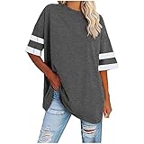 BUDAA Damen Lose Tops Rundhals Einfarbig Streifen Ärmel Pullover Falten Tunika Casual Sommer Straße T Shirts Strand Tee, grau, X-Larg