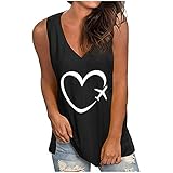 Masrin Frauen Weste V-Ausschnitt Liebe Herz Druck Hemden Flugzeug Grafik T-Shirt Sommer einfarbig lose Tanktops lässig ärmellose Bluse(XL,#C Schwarz)