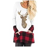 TTWOMEN Weihnachten Damen Rundhalsausschnitt Langarm T-Shirt Casual Elch Print Plaid Splice Niedliche Tunika Shirts Bluse Top