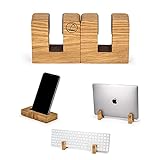 LOCASO 3 in 1 Ständer für Smartphone, Handy, Laptop, Notebook & Tablet aus Holz (Eiche Massivholz braun) 2 Stück, Halter/Halterung für iPhone, iPad, MacBook,