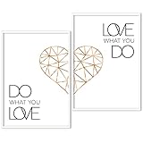 POSTER-SET mit Spruch DO WHAT YOU LOVE 50x70 mit Herz in Rose-Gold - BILDER-SET XXL Typographie - WAND-BILD - STATEMENT Zitat Sprüche Schriftzug Liebe - WAND-DEKORATION schwarz weiß - WAND-DEKO