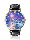 Fantastische springende Delfin und Sonnenuntergang Damen Herren Uhren, Fashion Unisex Leder Casual Quarz Armbanduhr U