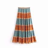 MAZE MA Damen Maxirock Boho,Vintage Chic Plissee Damen Patchwork Blumendruck Hippie Boho Rock Hohe Elastische Taille Lange Maxi Beach Party Kleid, L