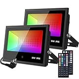 MustWin RGB LED Strahler 50W Fluter 2er Mit Fernbedienung Außenstrahler Dimmbar Flutlicht Bunt 20 Farben 6 Modi IP66 Wasserdicht Farbwechsel mit Memoryfunktion für Aussen Innen Baum Party G