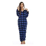 Lazzboy Damen Flannel Kariertes Jumpsuit mit Kapuze Strampler Overall Warm(L,Blau)