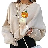 Qtinghua Women Halloween Sweatshirts Long Sleeve Pumpkin Skull Print Sweater Lightweight Pullover Blouse Tops (C Beige, Large)