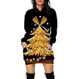 QI_LIANG Mode Casual Weihnachten Lockeres Kleid mit Rundhalsausschnitt Damen Bluse mit Kordelzug Mittellange Tasche Pullover Hoodies Sw