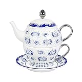 fanquare Vintage Blaue Blumen Tea for One Set, Tupfen Porzellan Kaffeetassen Set mit Teekanne, Tasse und U