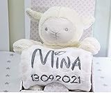 Geschenk-Set New Baby ★ Babydecke mit Namen + Plüschtier ★ Baby-Shower ★ Geburt ★ (Beige - Schaf 3)
