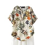 FULLSUNNY Damen Leinen Bluse Mode Sommer Button Leaf Print Vintage Baumwolle Leinen Shirts Casual Kurzarm T-Shirt Tunika Tops Loose V-Ausschnitt Oberteile (Khaki, XXXXL)