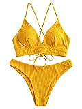 ZAFUL Damen Sommer Gerippt Lace Up Spaghetti-Träger Bikini Set Gelb M