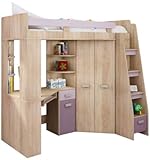 Hochbett/Etagenbett/Entresole – alle in einer rechts Ablesen Treppen – Kinder Möbel Set. Bett, Kleiderschrank, Regal, Schreibtisch Sonoma Oak - Purp