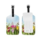 Eslifey Tulip Blumen mit Schmetterlingen im Garten, PU-Leder, Koffer-Etiketten, Gepäckanhänger, Sichtschutz für R