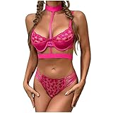 JISHII Dessous-Sets für Damen Liebesmuster Nettogarn Lace up Bügel Vollschalen Triangel-Bralette-BH mit Halsband Hohe Taille Tangas Durchsic htige Extradünn Verführerisch Erotische Reizw