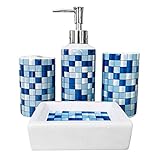 MUZI Badezimmerzubehör-Set aus Keramik, modernes Design, Seifenspender, Zahnbürstenhalter, Becher, Seifenschale (blaues Mosaik)