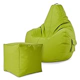 Green Bean Gaming © 2er Sitszack Set - Cozy Sitzsack mit 2 Seitentaschen + Cube Hocker - fertig befüllt - robust, waschbar, schmutzabweisend, wasserfest - für Kinder und Erwachsene - Grü
