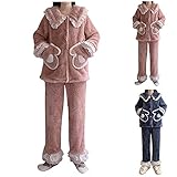 Jaysis Pyjama Set Damen Schlafanzug Zweiteiliger Plüsch Herbst Winter Dicker Teddy Fleece Nachtwäsche Flauschig Weicher Niedlich Farbkontrast mit Taschen und Kapuze mit Ohren wear Hausanzug