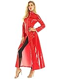 Doomiva Damen Wetlook Lang Kleid Ledermantel mit Reißverschluss Unisex PVC-Leder Übergangsjacke Partykleid Halloween Fasching Kostüm Rot L