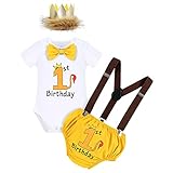 Wild One Baby Jungen Löwe Kostüme 1. Geburtstag Party Outfit Baumwolle Kurzarm Strampler Body Shorts Kurzes Hose Y-Form Hosenträger König Krone Stirnband Bekleidungsset Fotoshooting Gelb 12-18 M