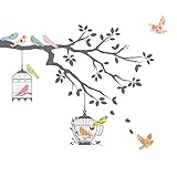 Decowall DW-1510 Vögel Zweig Baum Vogelhäuser Vogelkäfigen Tiere Wandtattoo Wandsticker Wandaufkleber Wanddeko für Wohnzimmer Schlafzimmer Kinderzimmer (Grau)