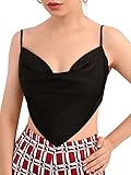 Milumia Damen Criss Cross Rückenfrei Kuh Ausschnitt Asymmetrischer Saum Satin Cami Crop Top - Schwarz - X