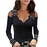 Masrin Elegante Oberteile für Damen Einfarbiges Basic-Hemd Sommer Herbst Schulterfreier Pullover Spitzentunika mit V-Ausschnitt und Langen Ärmeln Hot Drilling Slim Bluse(M,Schwarz)