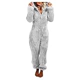 BaZhaHei Damen Teddy Fleece Jumpsuit Schlafanzug Einteiler Winter Warm Fleece Kuschelig Lang Onesie Supersofter Schlafoverall Pyjama Hausanzug mit Kapuze & Reiß