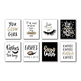 Goldene Inspiration Phrasen Fashion Frauen Make-up Kunst Malerei Set von 8 (20.3 x 25.4 cm) Leinwandbild Wimpern und Brauen Kunstdruck, Poster Mädchen Geschenk, Wohnung, Wanddekoration, kein R