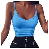 Yowablo Tanktops Frauen V-Ausschnitt Ärmellose Spitze Patchwork Bluse Tops Kleidung (S,5Blau)