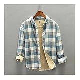 SKYROPNG Schweres Fleece-Hemd - Harajuku-Stil Kariertes Langarmhemd, Minimalist Reine Baumwolle Lässiges Verdickendes Oberteil Mit Taschen, Western Warm Sherpa Jacke,Blau,38