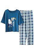 Summer Loungewear Women Pijamas Cotton Shorts Texture Cotton Blue Plaid Ladies Pajamas Woman Pyjama Set (D 1X)