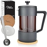 Milu French Press Kaffeebereiter | 350ml, 600ml, 1L | Glas Kaffeepresse, Kaffeezubereiter für Zuhause Reisen Camping inkl. Untersetzer, Löffel, Ersatzfilter (Schwarz, 350ml (2 Tassen)