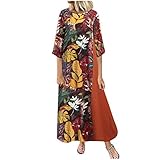 KIMODO Maxikleider Freizeitkleid Kleid Damen Lang Kurzarm Boho Vintage Baggy Tupfenmuster Tunika Übergröße Rundhalskleid Sommerkleid Strandkleider (B-Orange, 5XL)